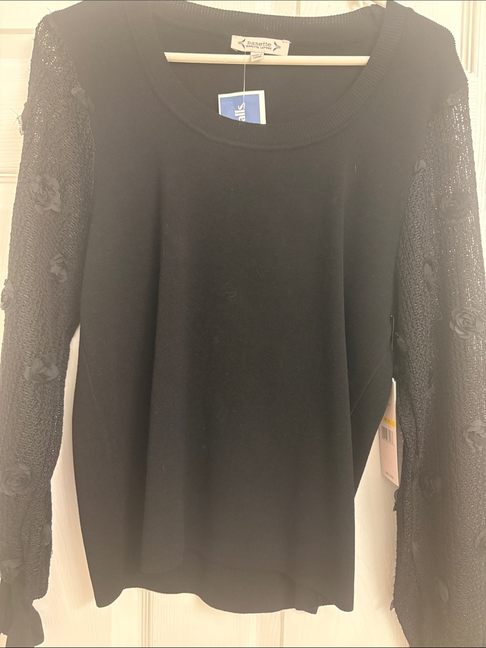 LISETTE Black Knit Top with Lace Rose-Embellished Sleeves